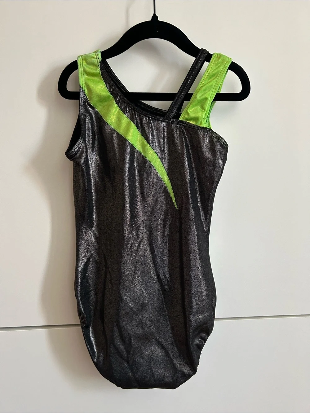 GK Metallic Black Gymnastics Leotard with Green Accents - Child’s Large